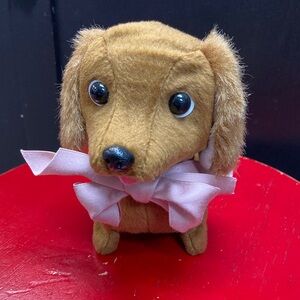 Vintage Barking tail-wagging walking Plush Dachshund Toy with removable Pink Bow